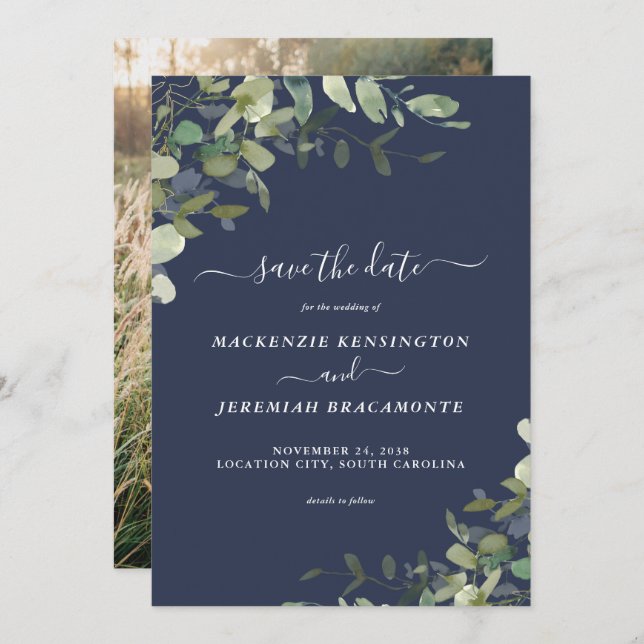 Navy Blue Eucalyptus Wedding Photo Save the Date (Front/Back)