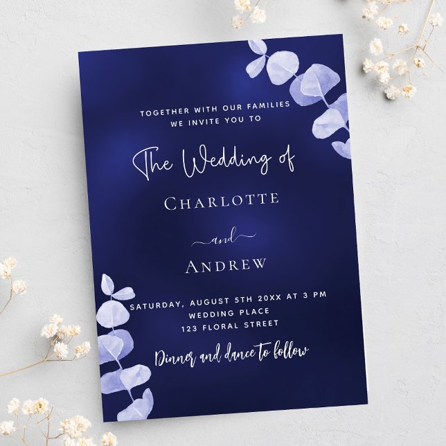 Navy blue eucalyptus wedding postcard (Creator Uploaded)