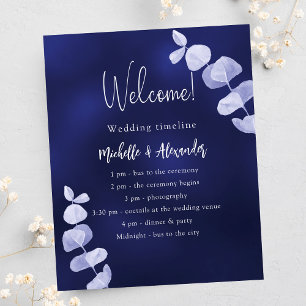 Navy blue eucalyptus wedding program timeline flyer