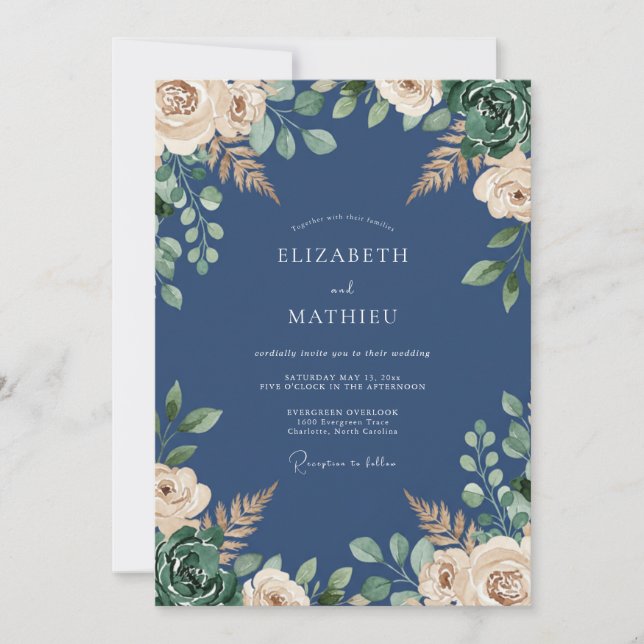 Navy Blue Exquisite Botanical Wedding Invitation (Front)