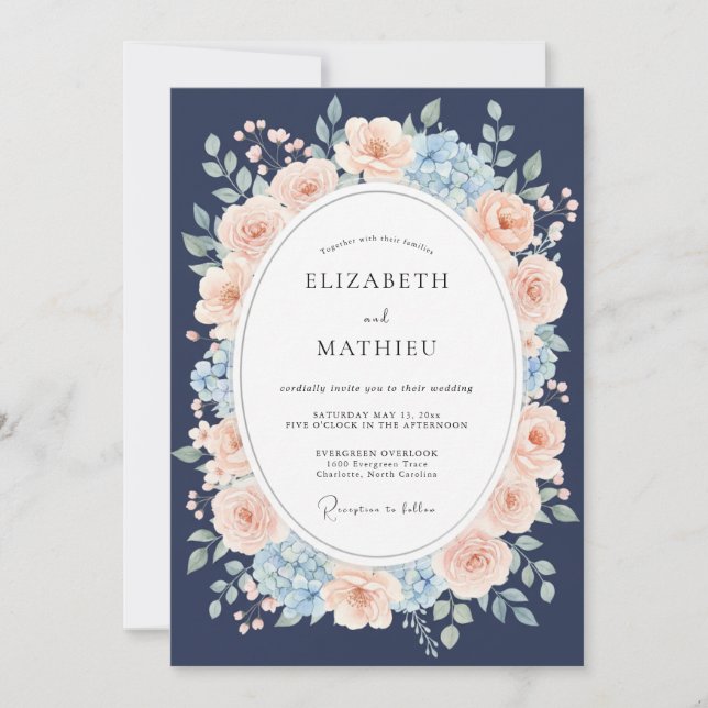 Navy Blue Exquisite Floral Wedding Invitation (Front)