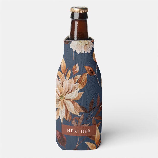 Navy Blue Fall Bottle Cooler (Navy Blue Floral Autumn Long-neck Bottle Cooler by Painted Paperie
)