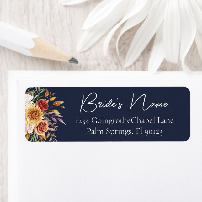 Navy Blue Fall Floral Bridal Return Address Label (Insitu)