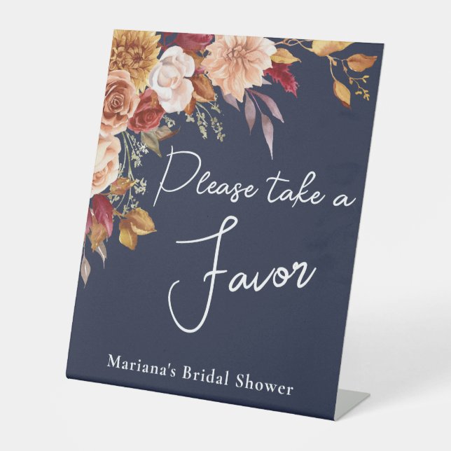 Navy Blue Fall Floral Bridal Shower Favour Pedestal Sign (Front)