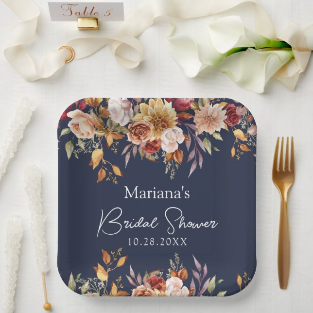 Navy Blue Fall Floral Bridal Shower Paper Plate (Wedding)