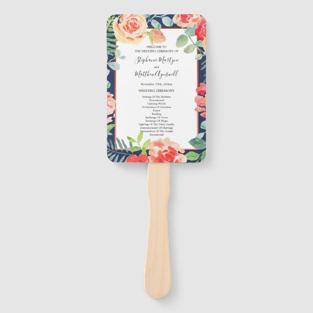 Navy Blue Fall Floral Wedding Ceremony Program Hand Fan (Front)