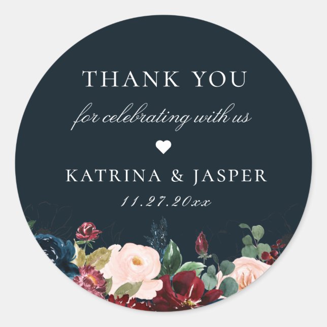 Navy Blue Fall Floral Wedding Favour Classic Round Sticker (Front)