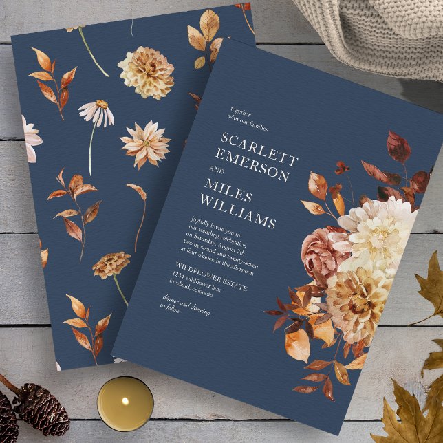 Navy Blue Fall Floral Wedding Invitation (Navy Blue Autumn Floral Wedding Invitation by Painted Paperie
)