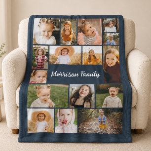 Navy Blue Family 16 Photo Collage  Fleece Blanket