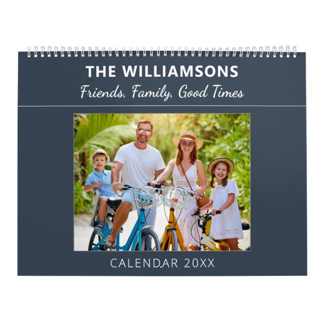 Navy Blue Family and Friends Custom Photo Collage Calendar (Cover)