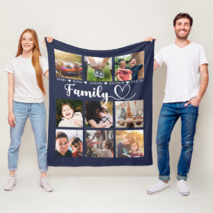 Navy Blue Family Memories Nine Photo Collage Fleece Blanket