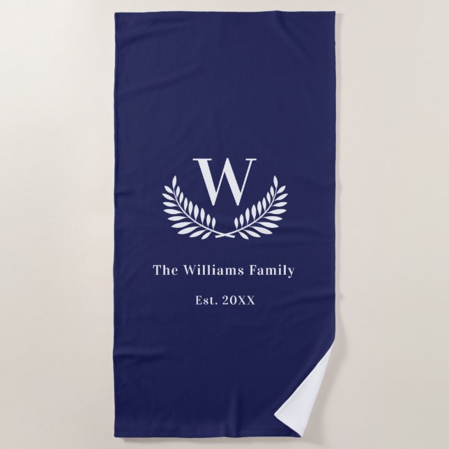 Navy blue family monogram initial laurel wreath beach towel (Front)