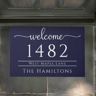 Navy blue family name personalised address  doormat