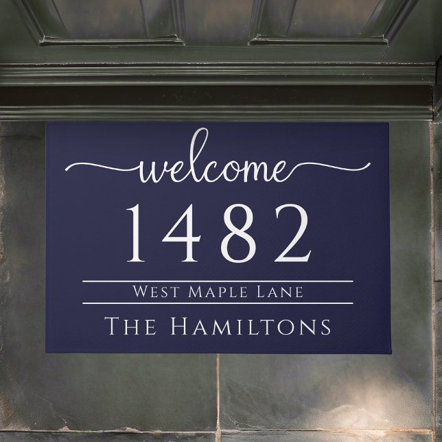 Navy blue family name personalised address  doormat (Creator Uploaded)