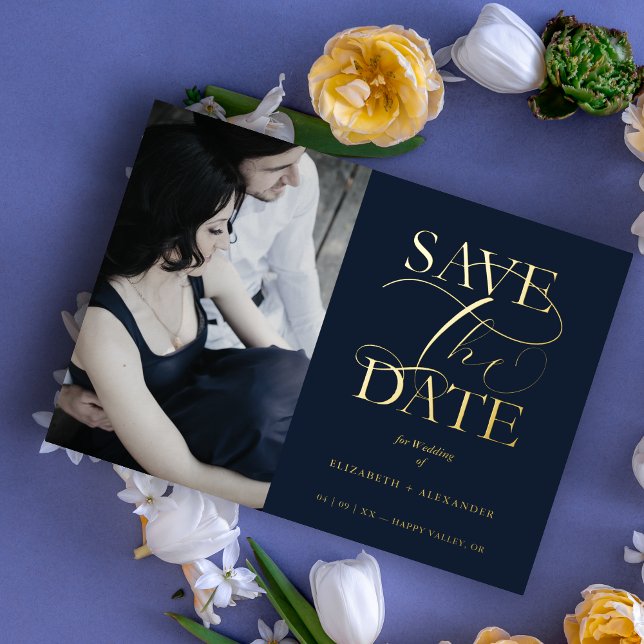 Navy Blue Fancy Trendy Photo Real Metallic (Navy Blue Fancy Trendy Wedding Photo Real Metallic Foil Save the Date Card with Envelope.)