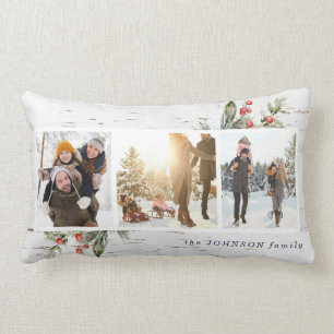Navy Blue Farmhouse Photo Collage Plaid Xmas  Lumbar Cushion