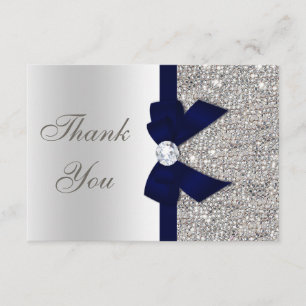 Navy Blue Faux Bow Silver Sequins Thank You Card