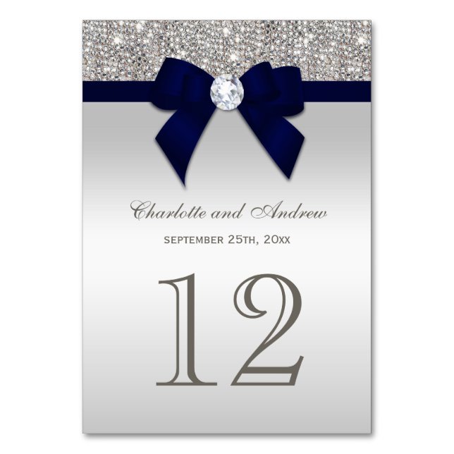 Navy Blue Faux Bow Silver Sequins Wedding Table Number (Front)