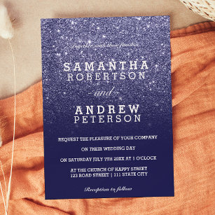 Navy blue faux glitter ombre chic wedding invitation