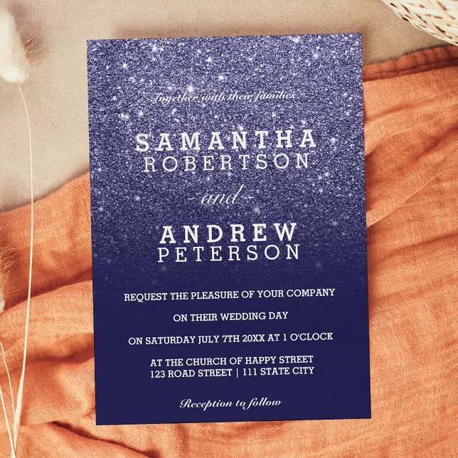 Navy blue faux glitter ombre chic wedding invitation (Creator Uploaded)