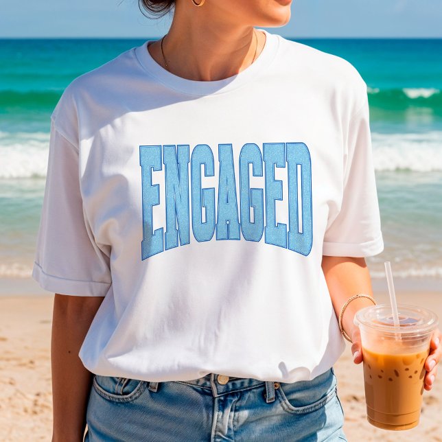 Navy + Blue Faux Glitter Varsity Engagement Bridal T-Shirt (Personalize with names, dates, locations or events)