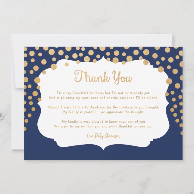 Navy Blue faux gold baby shower thank you note Card (Front)