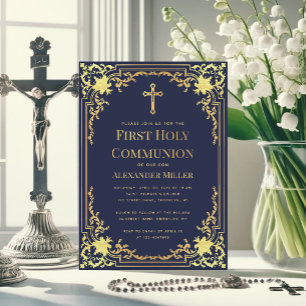 Navy Blue Faux Gold Elegant Boy First Communion Invitation