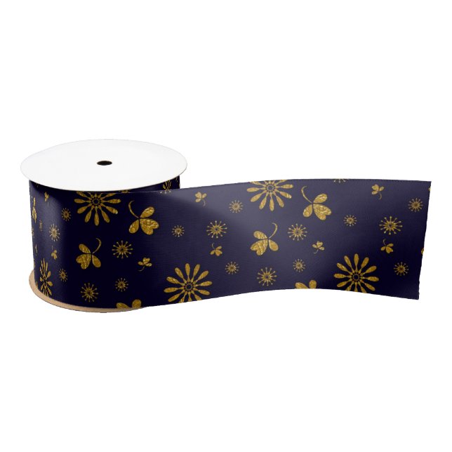 Navy Blue Faux Gold Foil Floral Leaves Satin Ribbon (Spool)