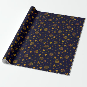 Navy Blue Faux Gold Foil Floral Leaves Wrapping Paper