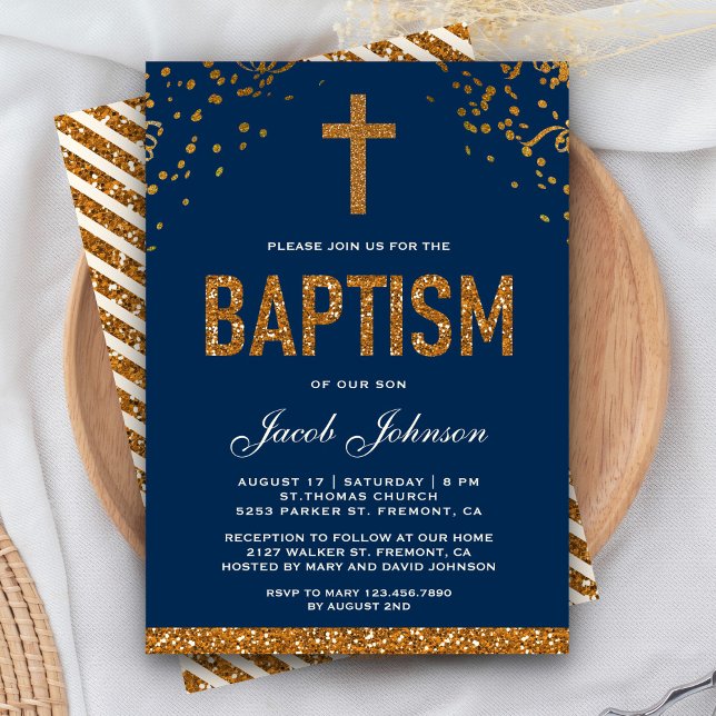 Navy Blue Faux Gold Glitter Cross Royal Baptism Invitation (Creator Uploaded)