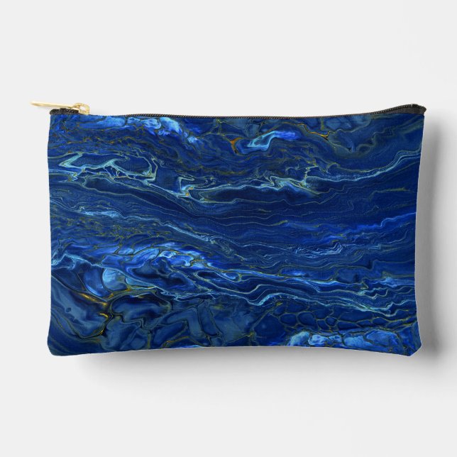 Navy Blue & Faux Gold Marble Acrylic Abstraction Accessory Pouch (Front)