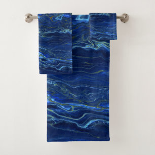 Navy Blue & Faux Gold Marble Acrylic Abstraction Bath Towel Set