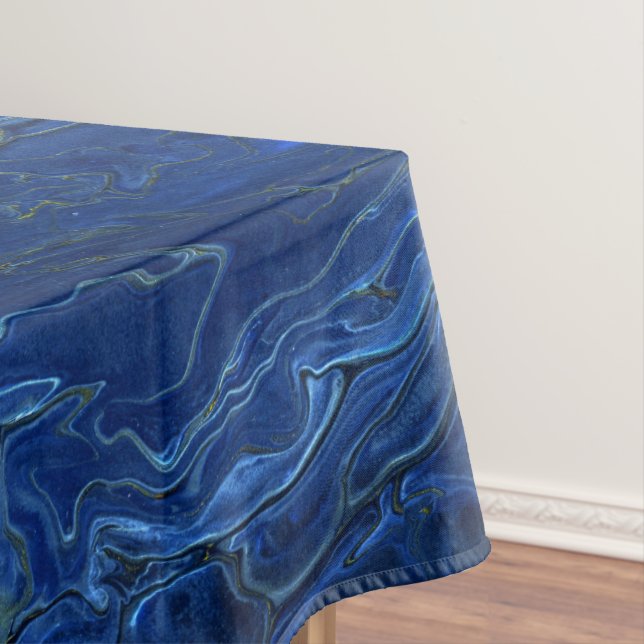 Navy Blue & Faux Gold Marble Acrylic Abstraction Tablecloth (In Situ)
