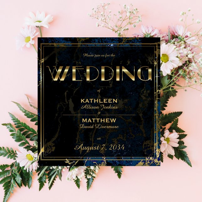 Navy Blue &  (Faux) Gold Marble Wedding Invitation (Creator Uploaded)