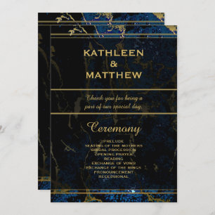 Navy Blue & (Faux) Gold Marble Wedding Program