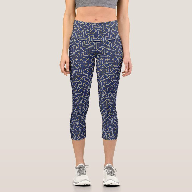 Navy Blue & Faux Gold Moroccan Mosaic Pattern  Capri Leggings (Front)