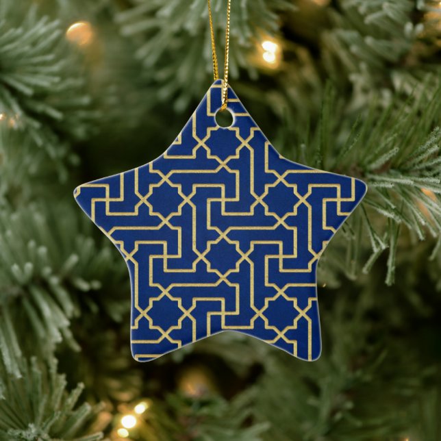 Navy Blue & Faux Gold Moroccan Mosaic Pattern  Ceramic Ornament (Tree)