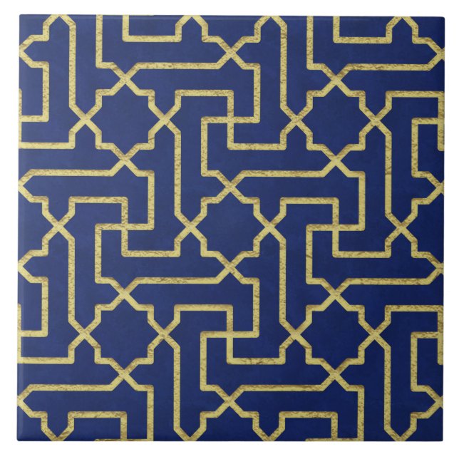 Navy Blue & Faux Gold Moroccan Mosaic Pattern Ceramic Tile (Front)