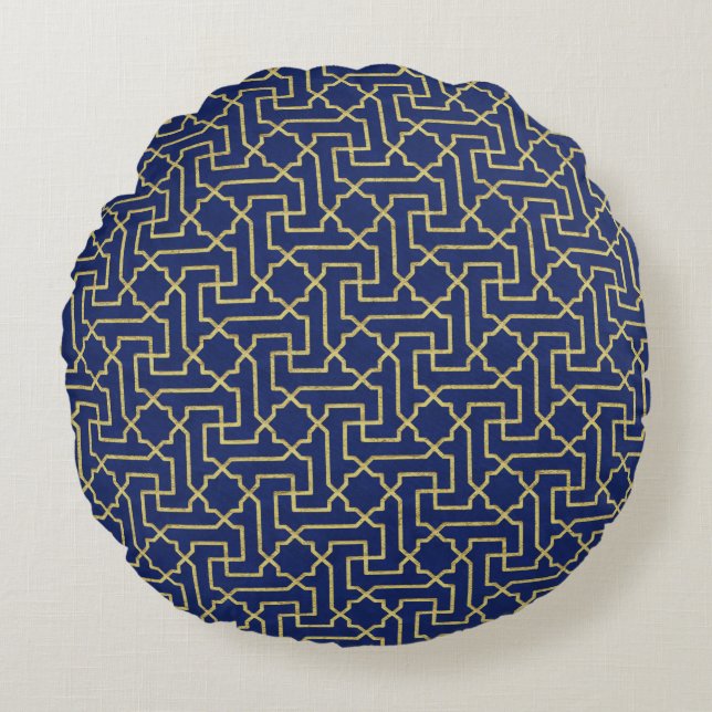 Navy Blue & Faux Gold Moroccan Mosaic Pattern  Round Cushion (Front)
