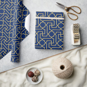 Navy Blue & Faux Gold Moroccan Mosaic Pattern Wrapping Paper