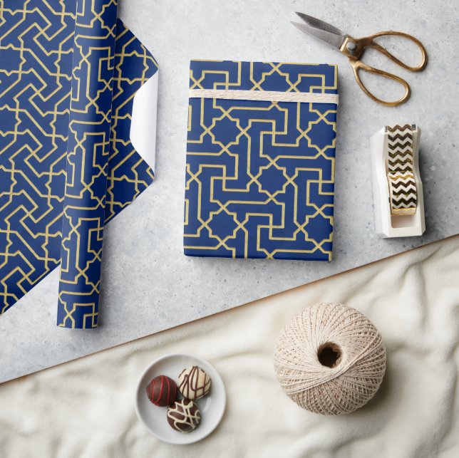 Navy Blue & Faux Gold Moroccan Mosaic Pattern Wrapping Paper (Crafts)