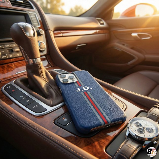 Navy Blue Faux Leather Texture Red Sport Stripe Mo (Creator Uploaded)