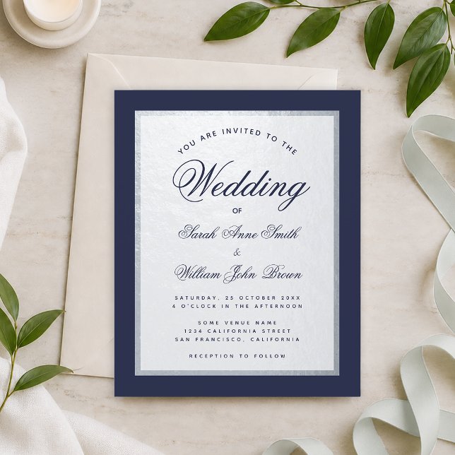 Navy Blue Faux Silver Budget Wedding Invitation (Creator Uploaded)