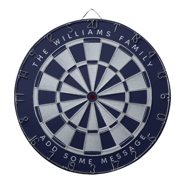 Navy Blue Faux Silver Custom Family Name Geometric Dartboard (Front)