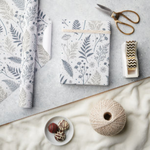 Navy Blue Ferns Wildflowers Pattern Wrapping Paper