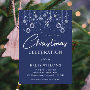 Navy Blue Festive Snowflakes Christmas Party Invitation
