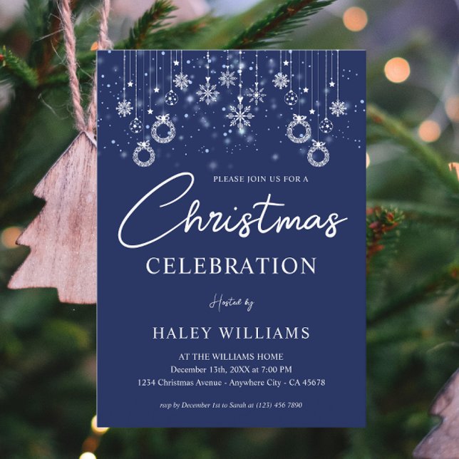 Navy Blue Festive Snowflakes Christmas Party Invitation (Creator Uploaded)