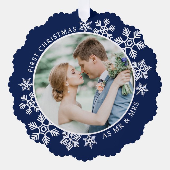 Navy Blue First Christmas Mr and Mrs Photo Tree Decoration Card (Front)