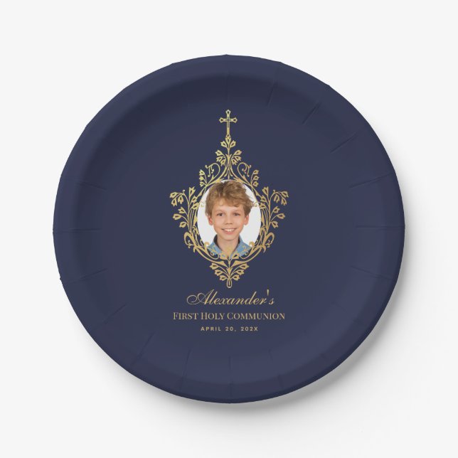 Navy Blue First Holy Communion Boy Photo Faux Gold Paper Plate (Front)