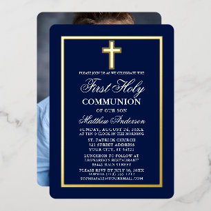 Navy Blue First Holy Communion Photo Cross Gold